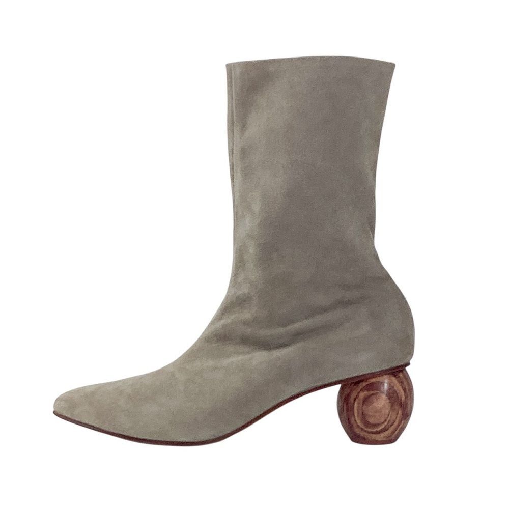 Huma Blanco Suede Ankle Boots 39 8.5 Wood Ball Heel Sculptural Tan